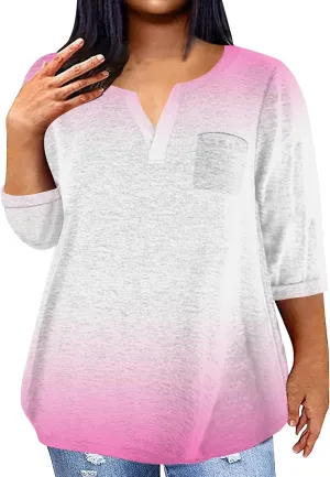 3/4 Sleeve Women Tops Winter Tops Dressy Casual Elbow Length Sleeve Vneck Shirts Tie Dye Gradient Loose Fall Clothing