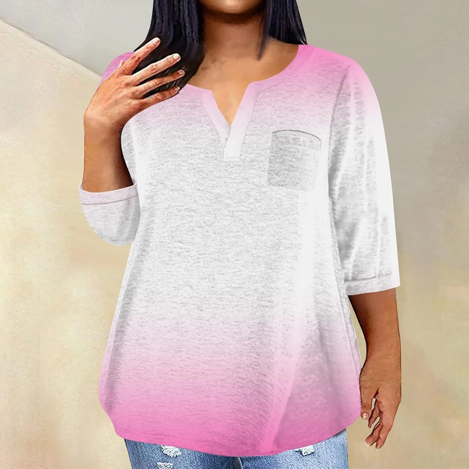 3/4 Sleeve Women Tops Winter Tops Dressy Casual Elbow Length Sleeve Vneck Shirts Tie Dye Gradient Loose Fall Clothing