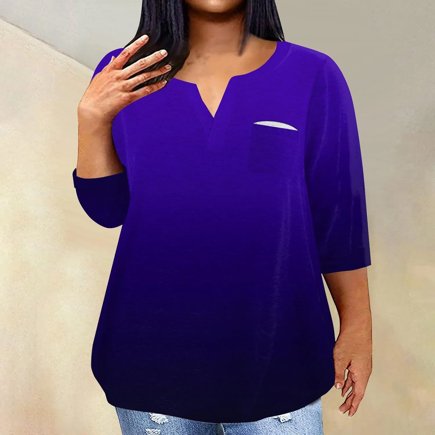 3/4 Sleeve Women Tops Winter Tops Dressy Casual Elbow Length Sleeve Vneck Shirts Tie Dye Gradient Loose Fall Clothing