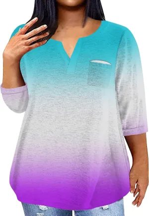 3/4 Sleeve Women Tops Winter Tops Dressy Casual Elbow Length Sleeve Vneck Shirts Tie Dye Gradient Loose Fall Clothing