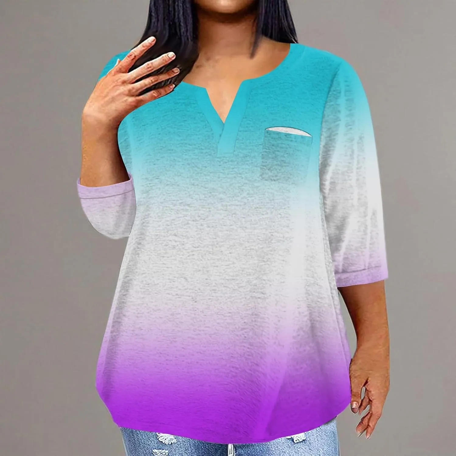 3/4 Sleeve Women Tops Winter Tops Dressy Casual Elbow Length Sleeve Vneck Shirts Tie Dye Gradient Loose Fall Clothing