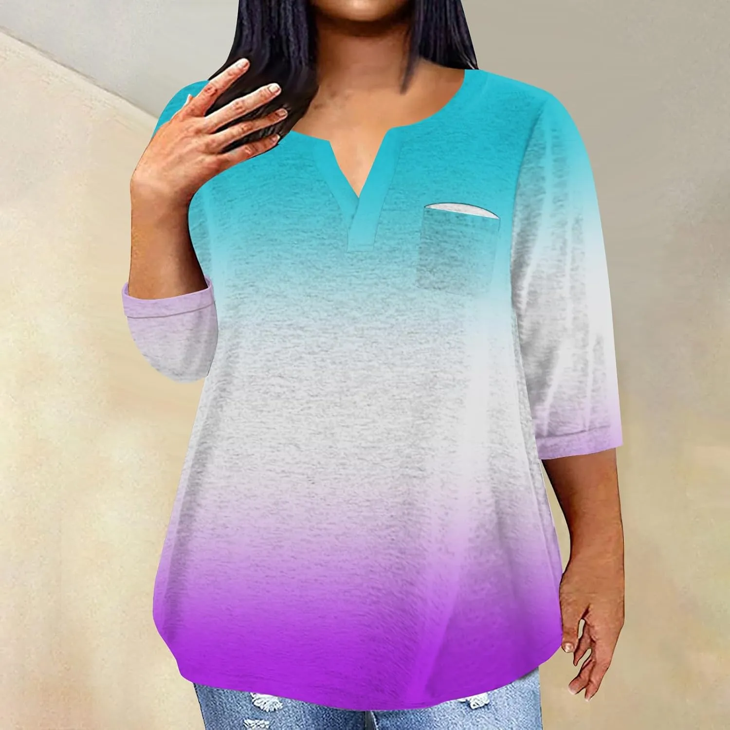 3/4 Sleeve Women Tops Winter Tops Dressy Casual Elbow Length Sleeve Vneck Shirts Tie Dye Gradient Loose Fall Clothing