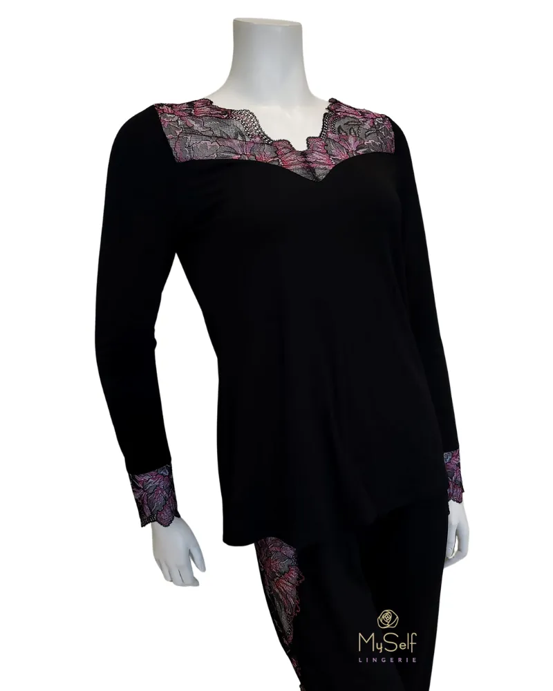 3701 Black & Pink Lace Sheer Back Modal Pajamas Set
