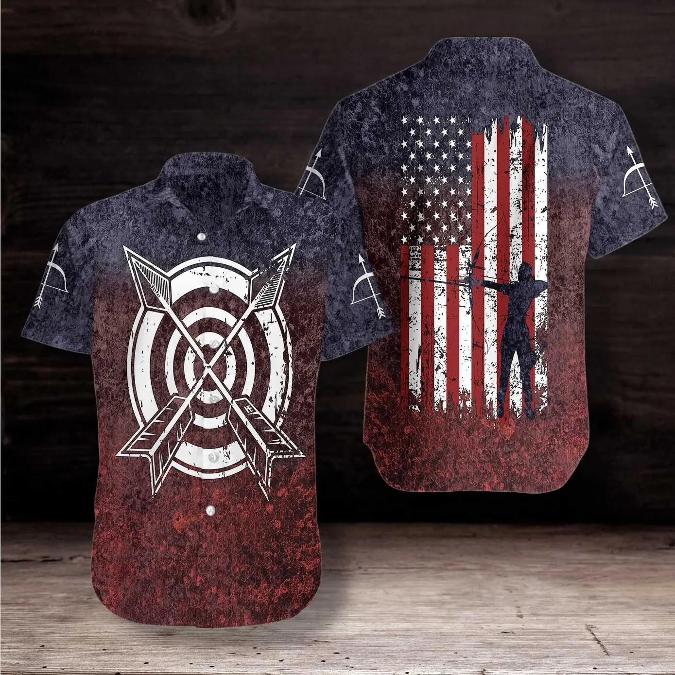 Archery USA Flag Hawaiian Shirt, Navy Red Aloha Shirt For Men & Women, Best Gift For Summer, Husband, Wife, Boyfriend, Girlfriend