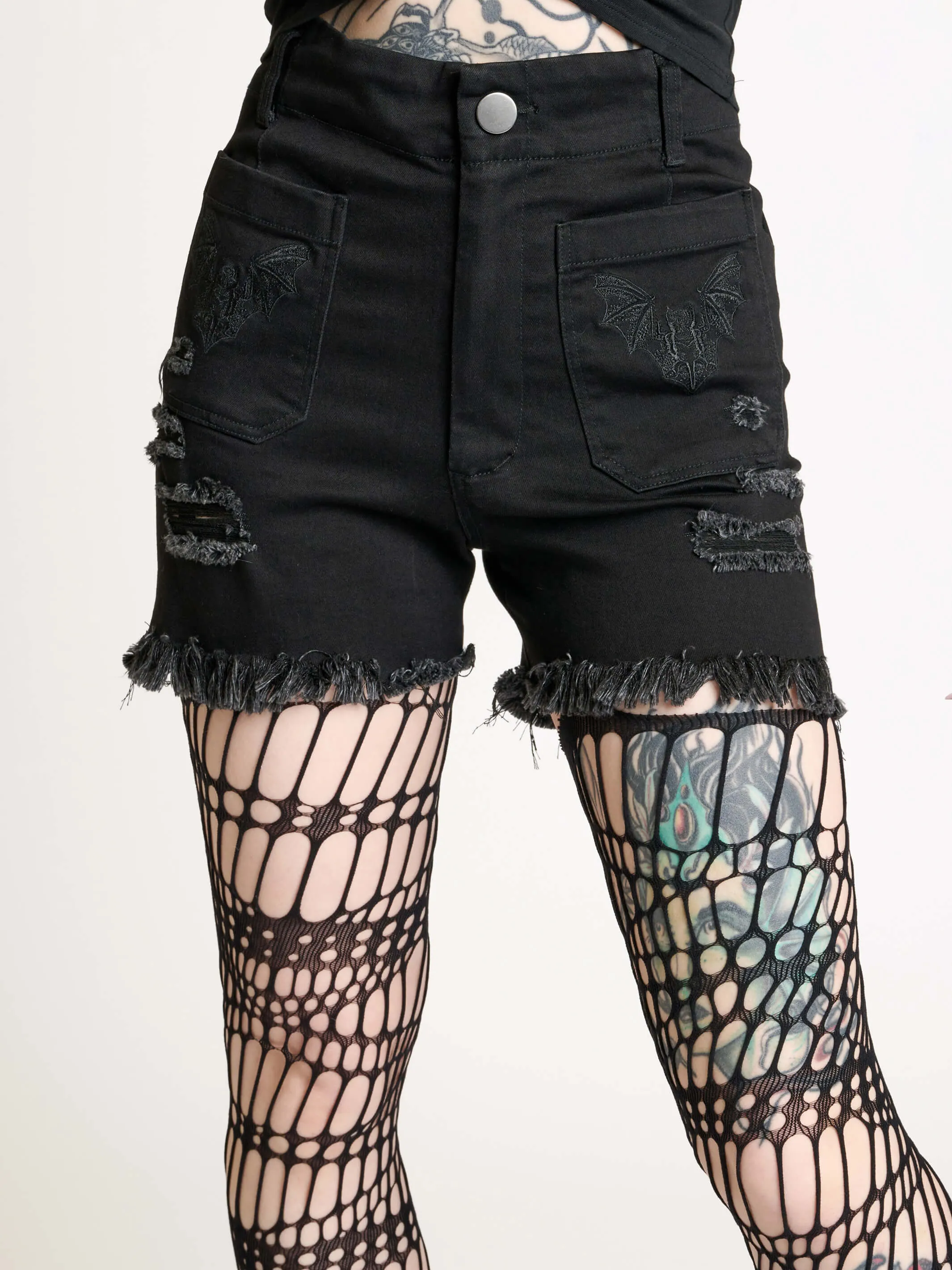 Bat Embroidered Denim Shorts