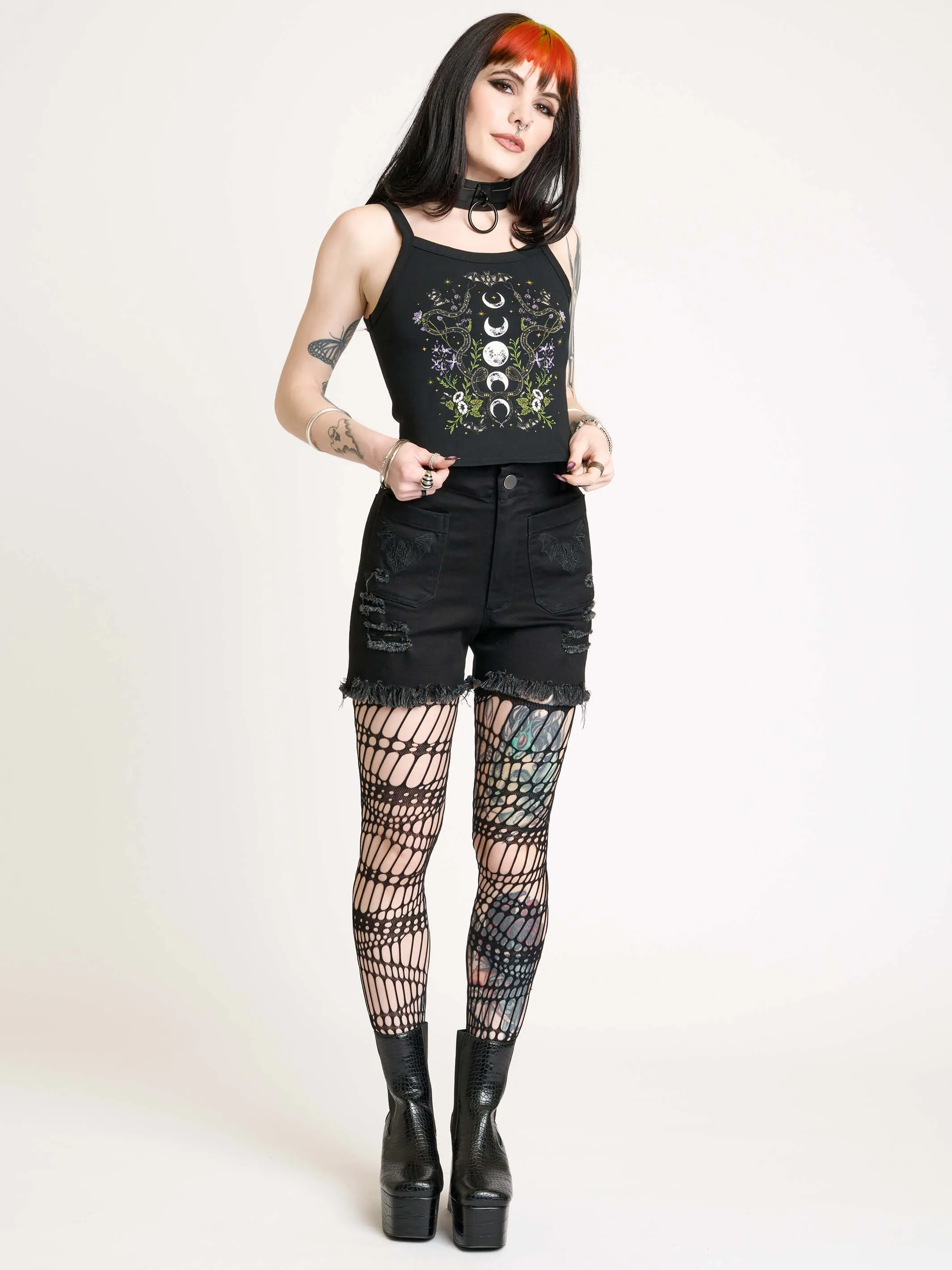 Bat Embroidered Denim Shorts