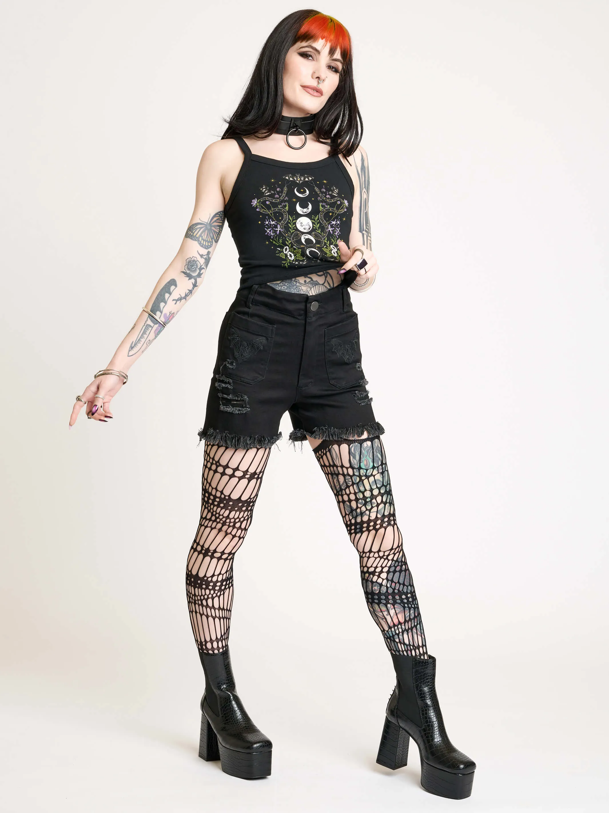 Bat Embroidered Denim Shorts