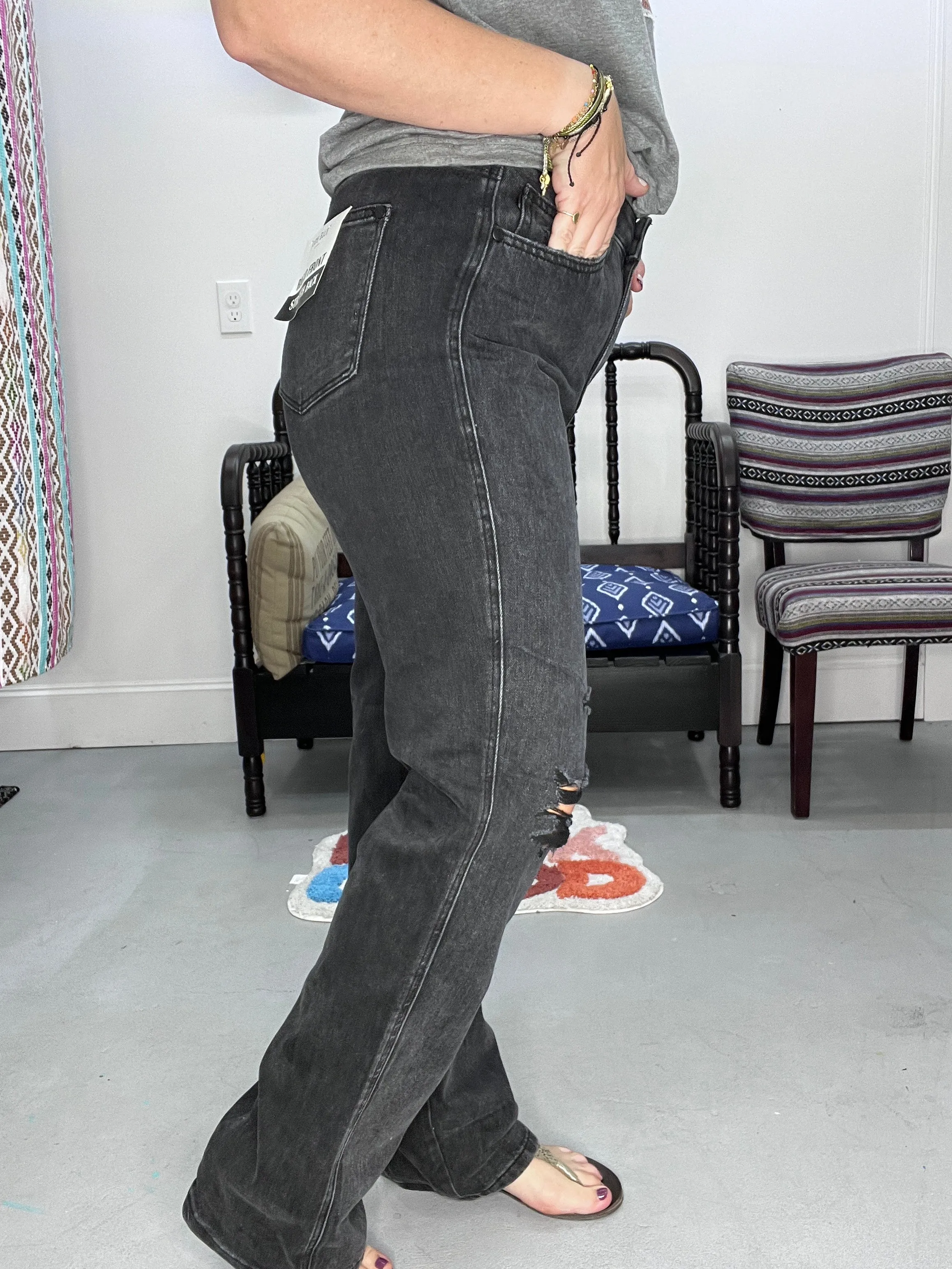 Black Distressed Straight Leg Jeans