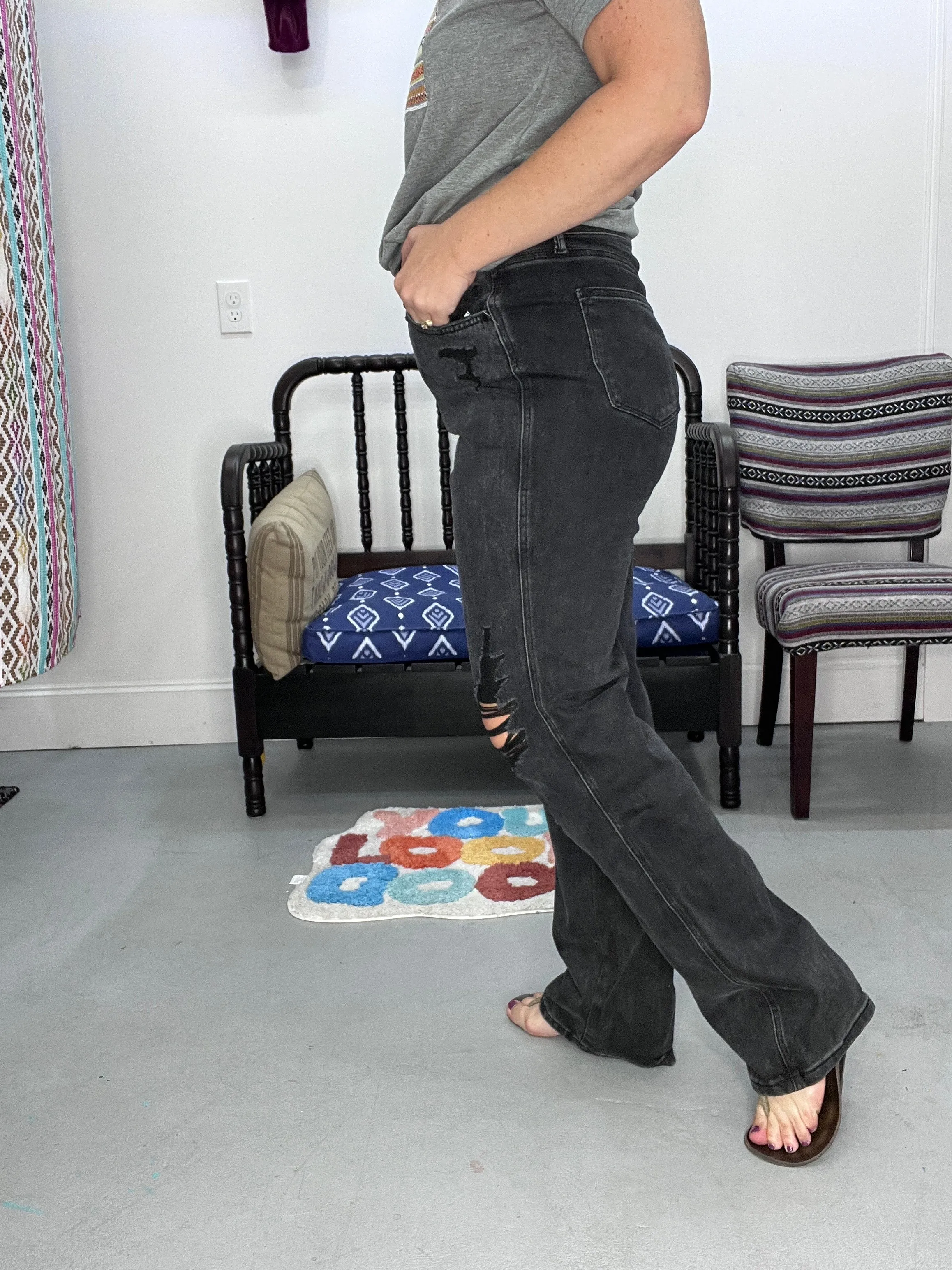 Black Distressed Straight Leg Jeans