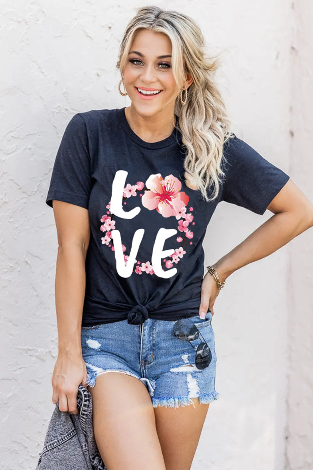 Black Love Cherry Blossoms Graphic Print Short Sleeve T Shirt