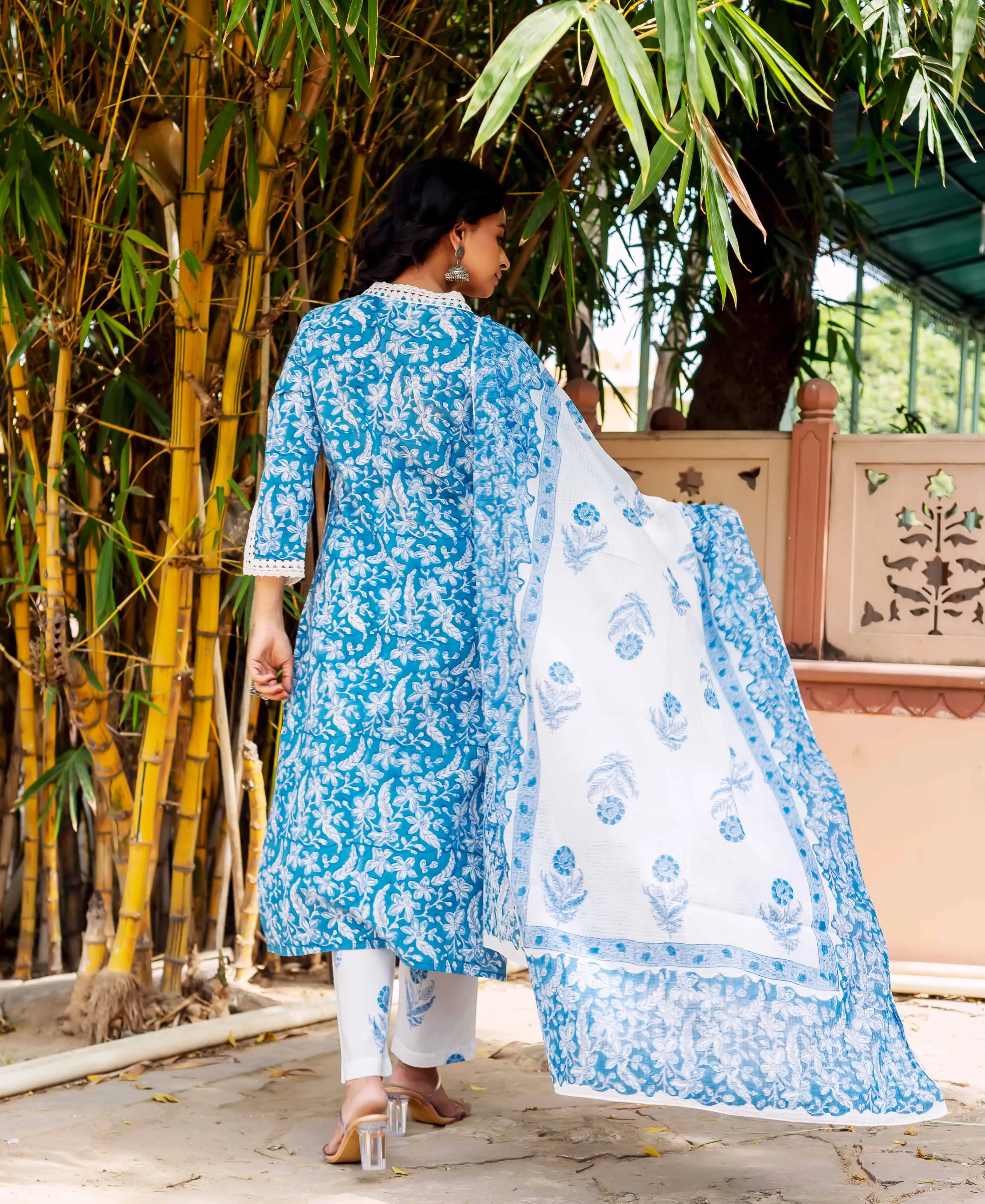 Blue Floral Cotton Lace Kurta