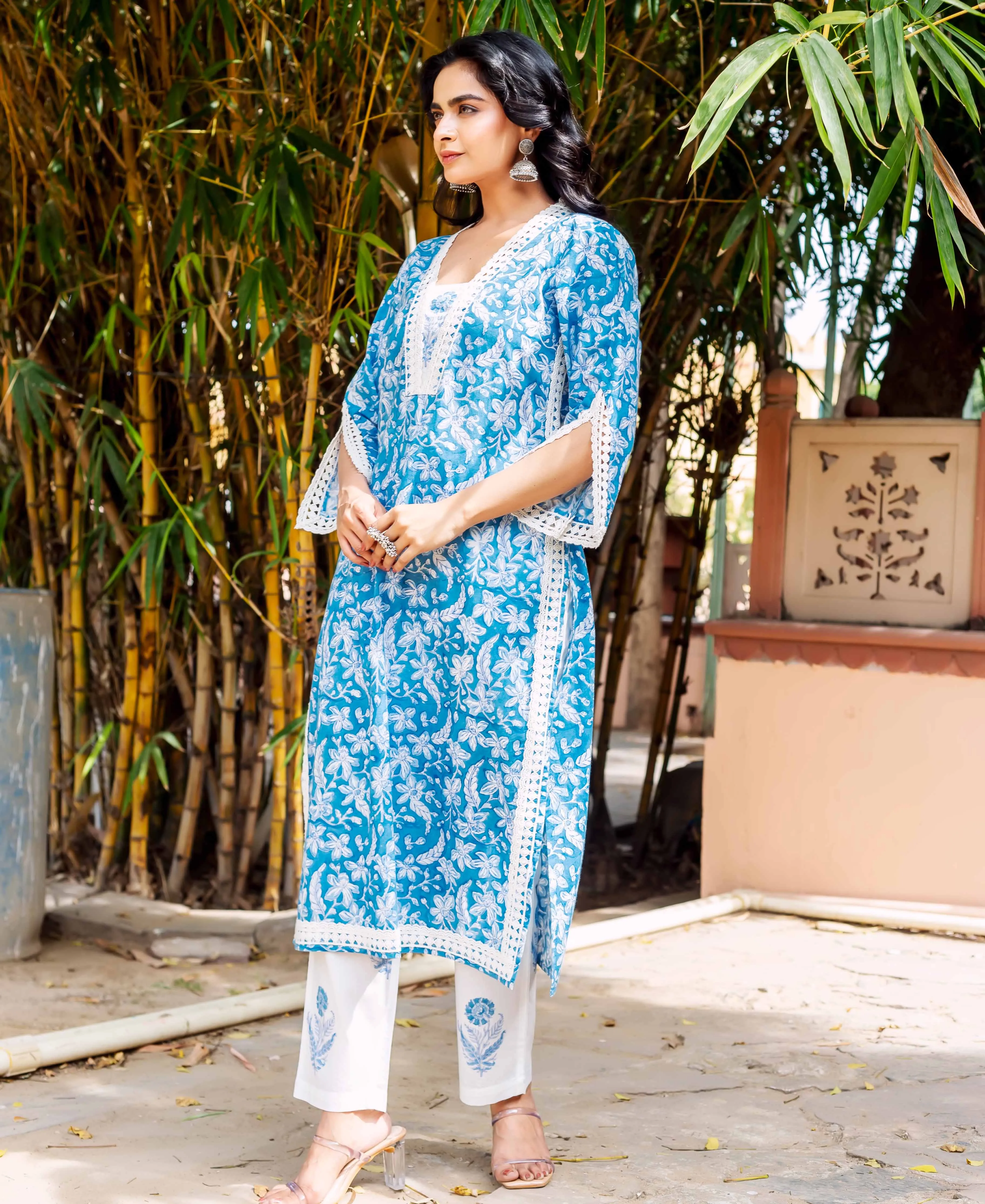 Blue Floral Cotton Lace Kurta