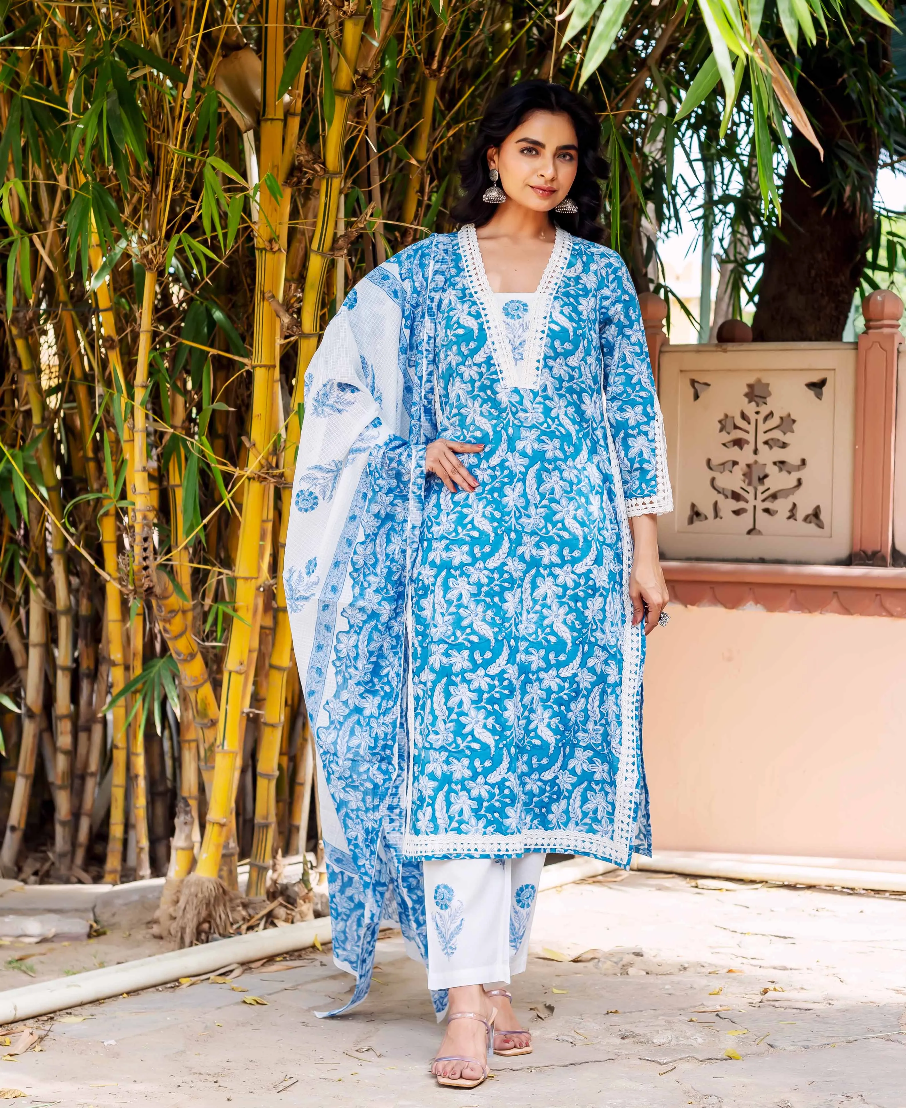 Blue Floral Cotton Lace Kurta