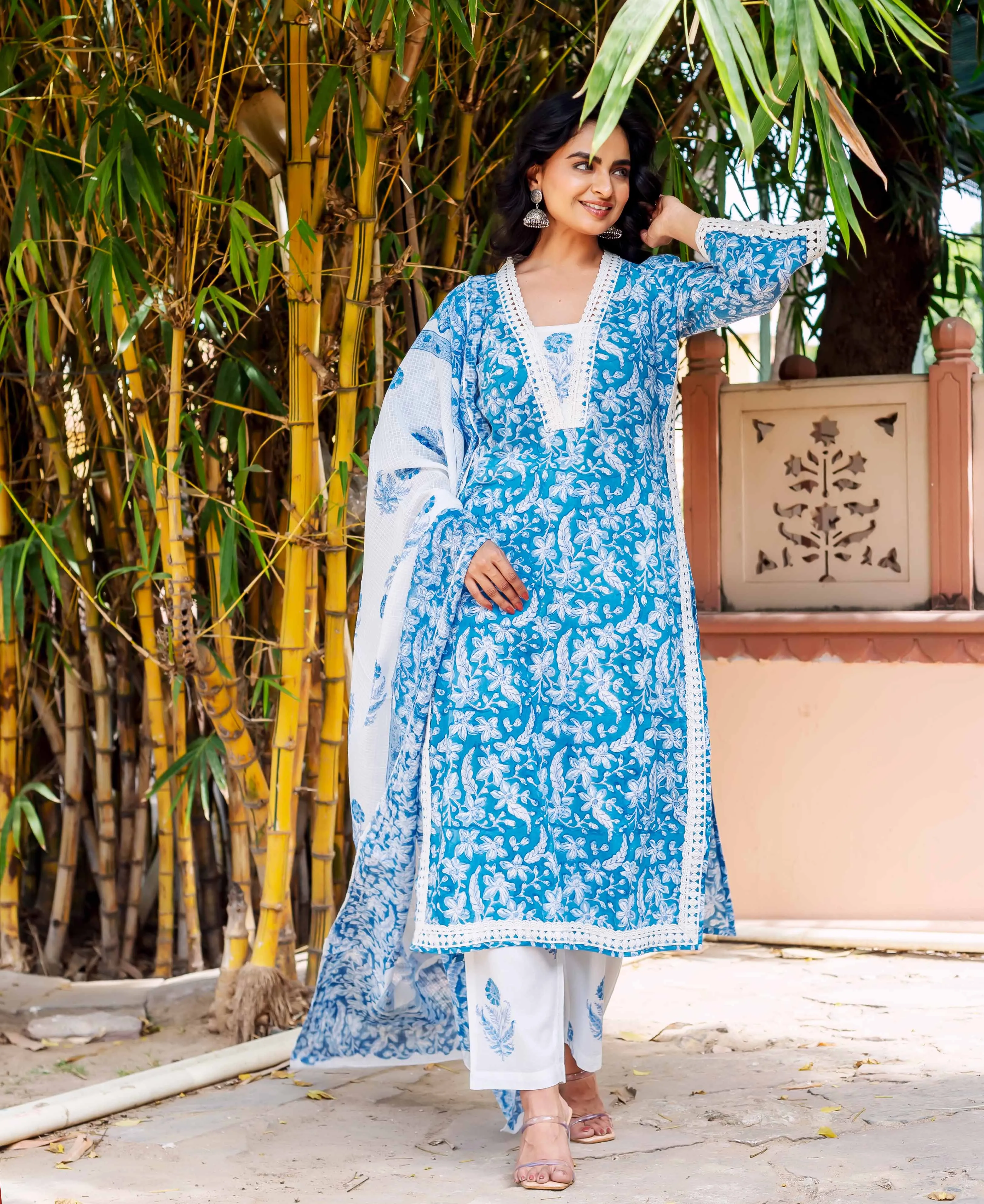 Blue Floral Cotton Lace Kurta