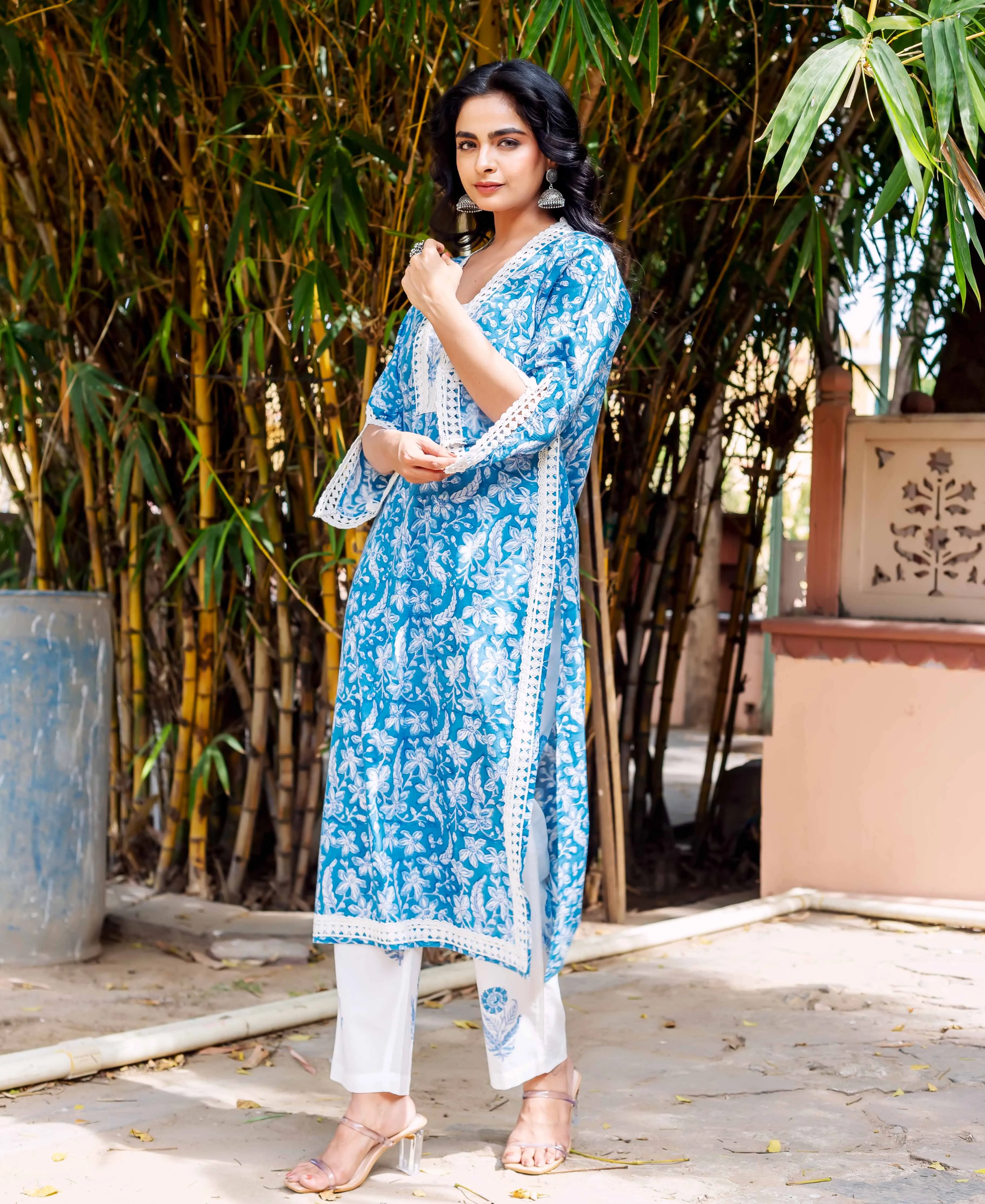 Blue Floral Cotton Lace Kurta