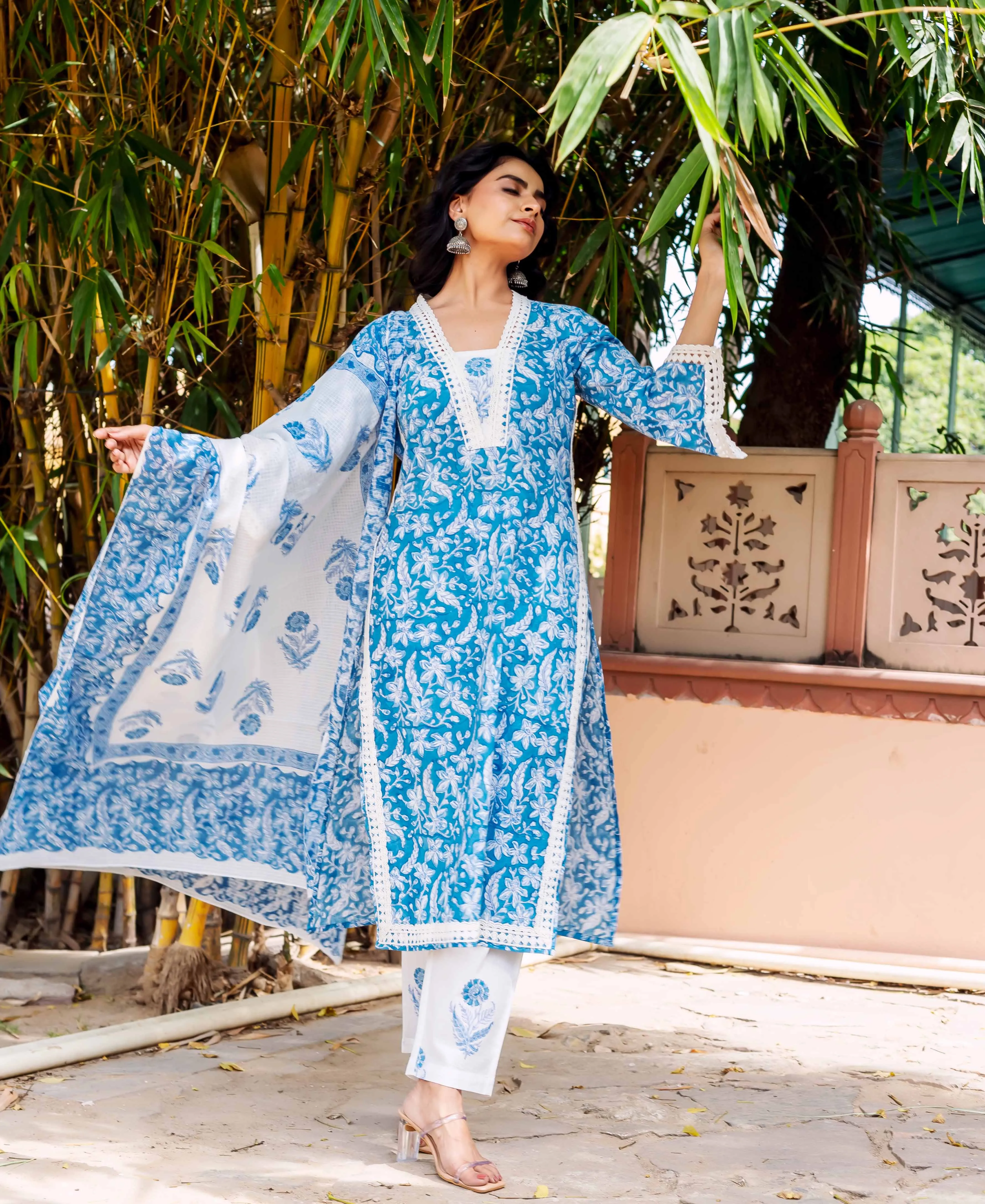 Blue Floral Cotton Lace Kurta