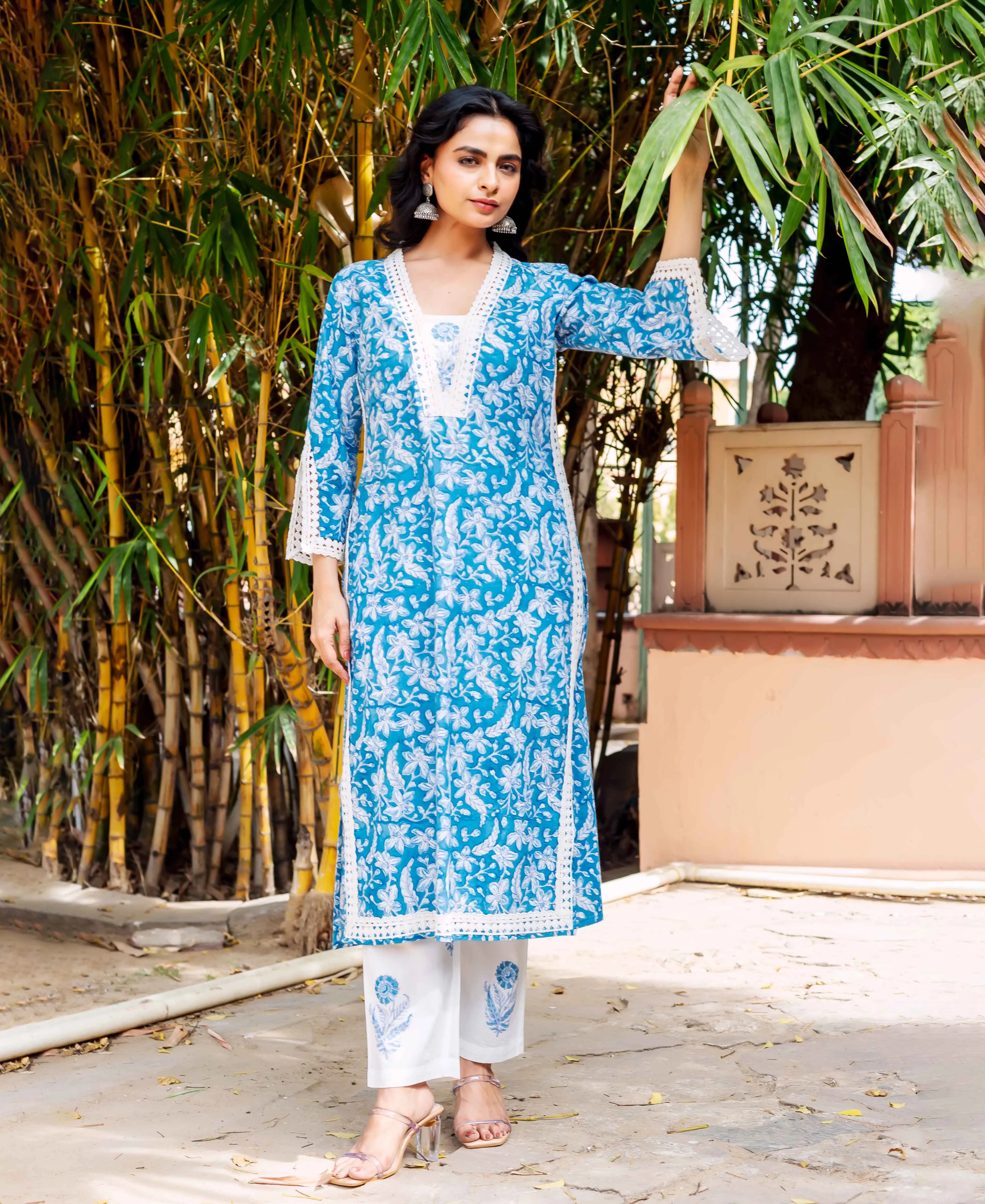 Blue Floral Cotton Lace Kurta