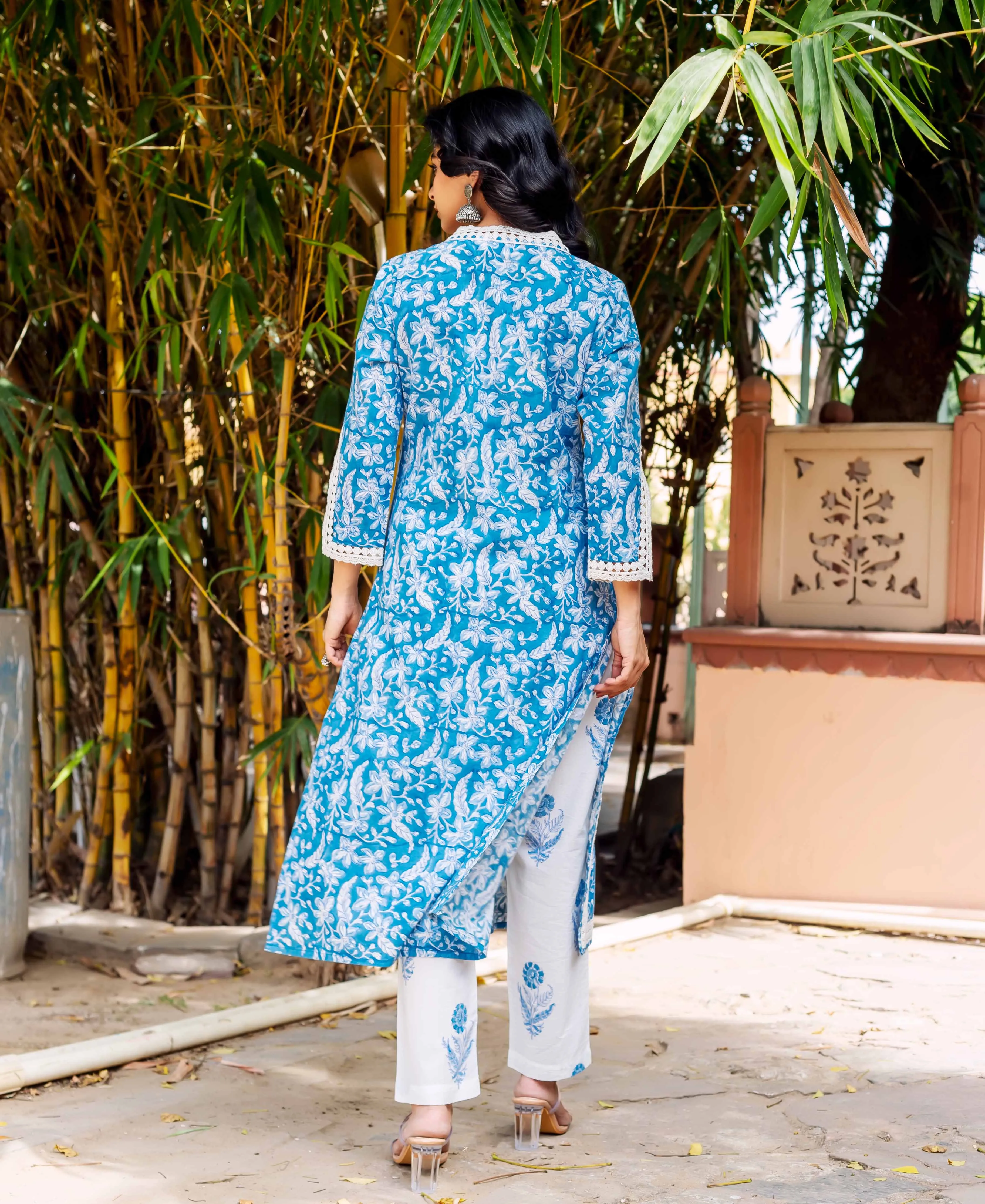Blue Floral Cotton Lace Kurta