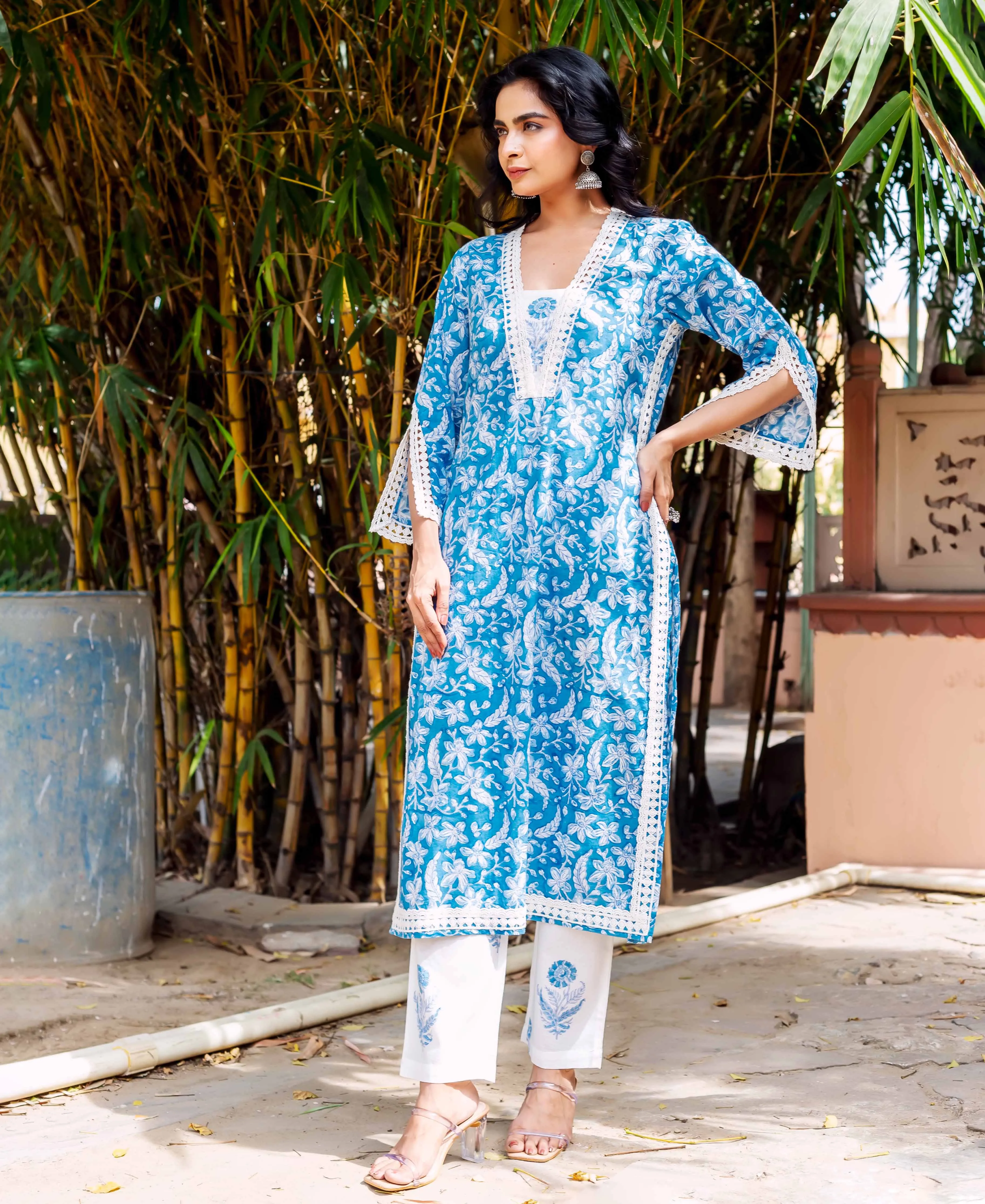 Blue Floral Cotton Lace Kurta