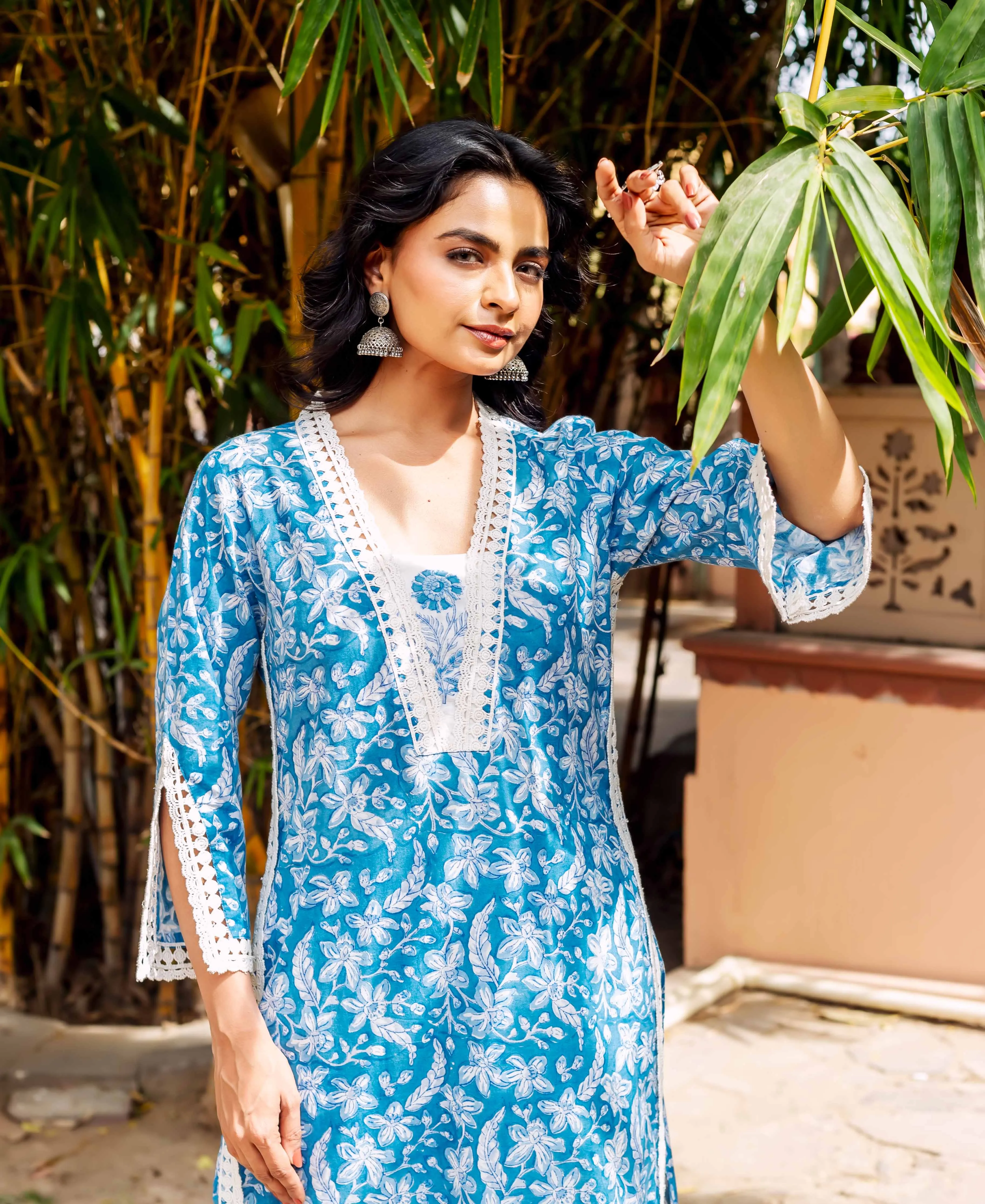 Blue Floral Cotton Lace Kurta
