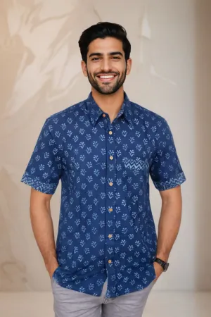 Blue Half Sleeve Indigo Hand Block Print Cotton Shirt 10074612