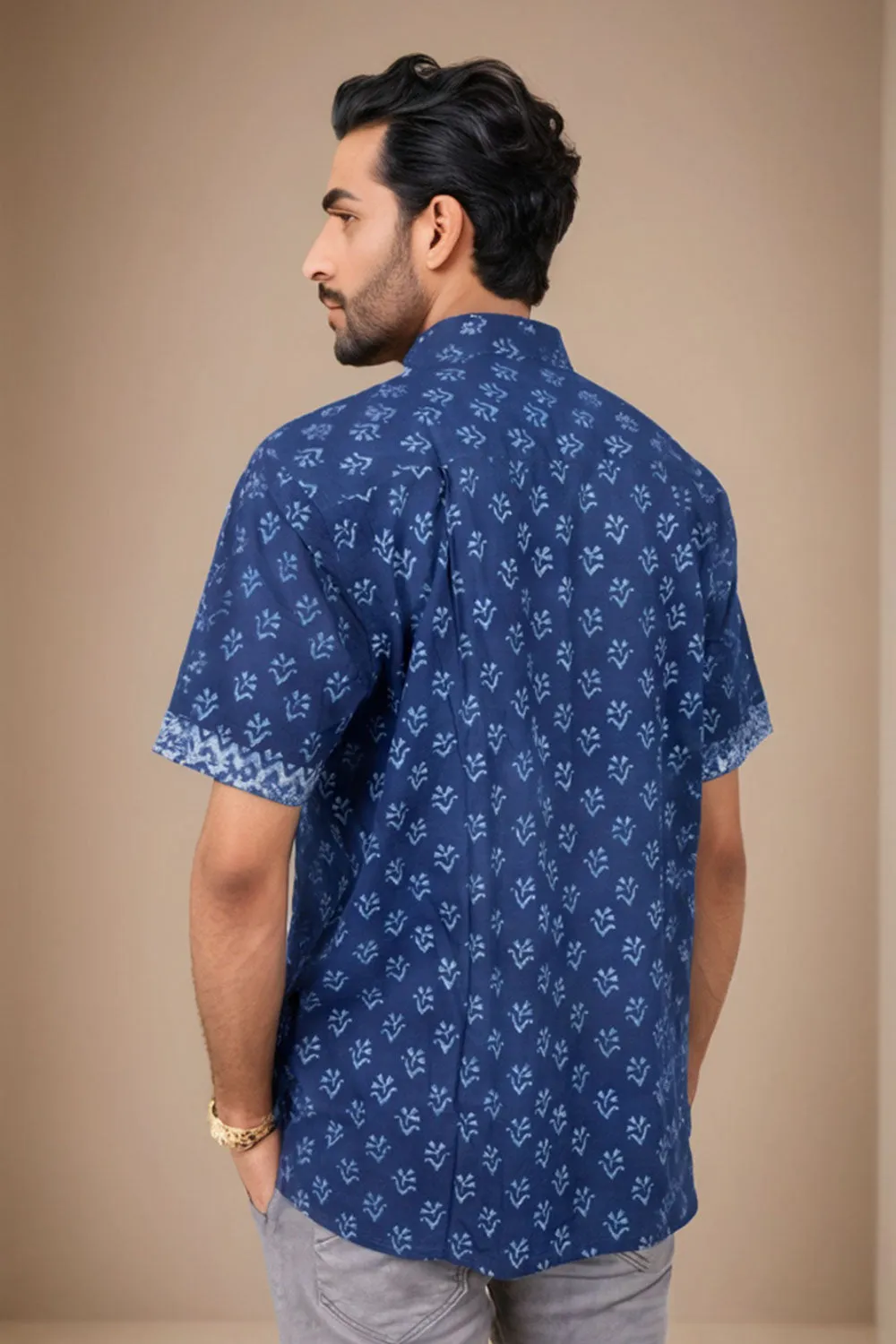 Blue Half Sleeve Indigo Hand Block Print Cotton Shirt 10074612