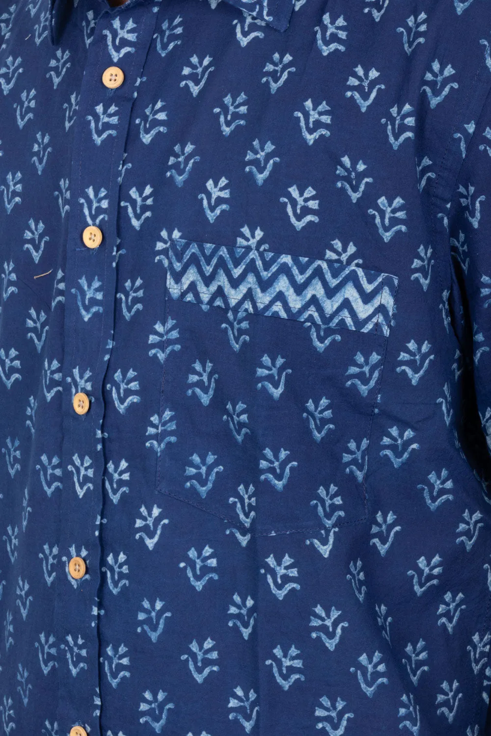 Blue Half Sleeve Indigo Hand Block Print Cotton Shirt 10074612