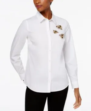 Charter Club Petite Cotton Embellished Bee Shirt, Bright White 10P
