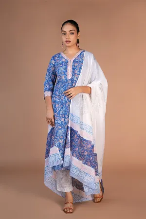 Cotton handblock printed kurta , pants and dupatta set