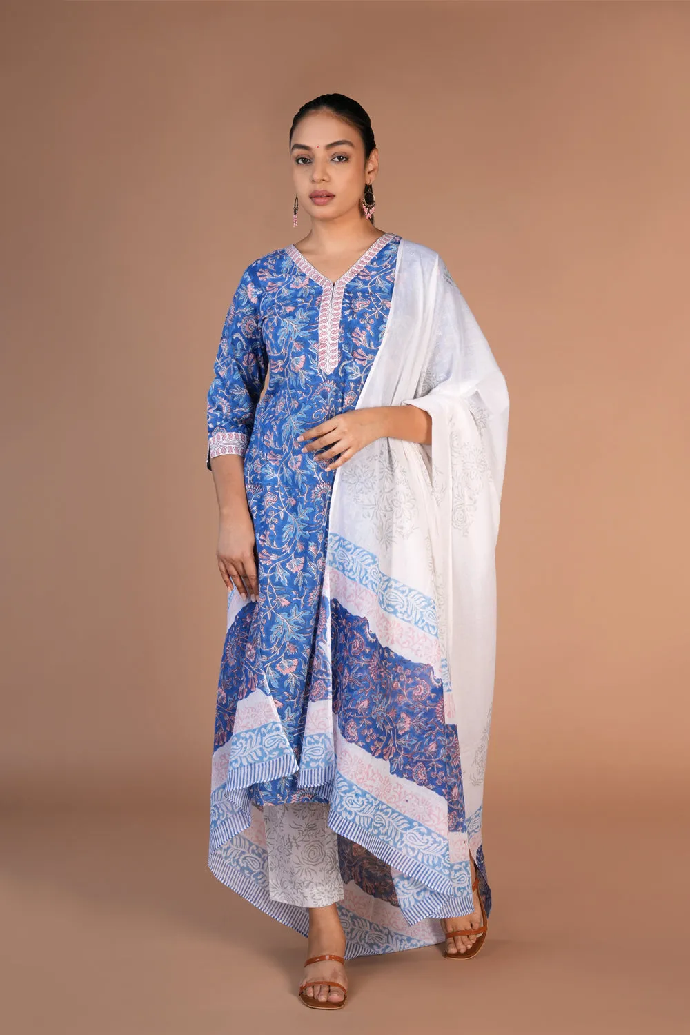 Cotton handblock printed kurta , pants and dupatta set