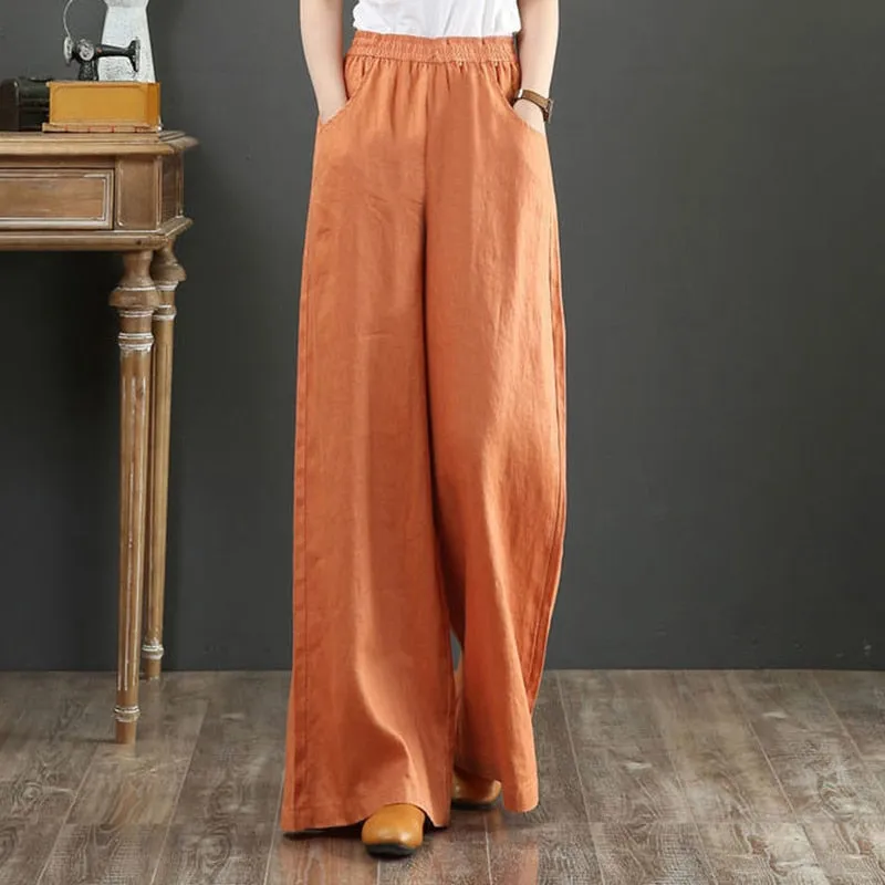 Cotton Linen Pants for Women Loose Basic High Waist Wide Leg Trousers Pant
