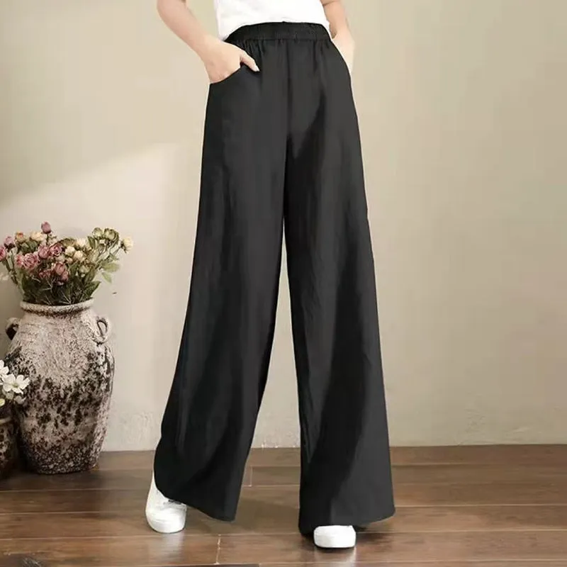 Cotton Linen Pants for Women Loose Basic High Waist Wide Leg Trousers Pant