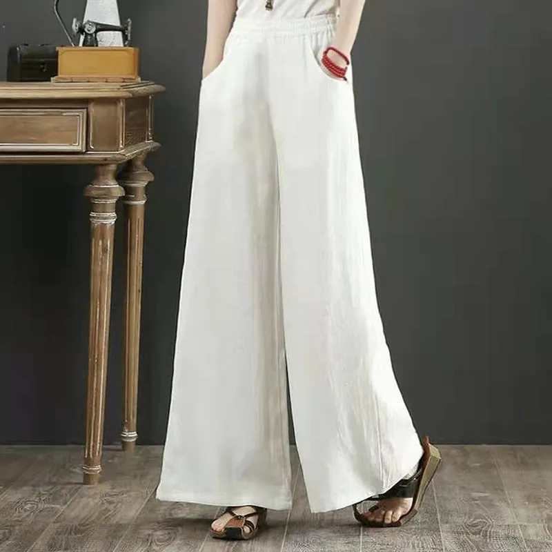 Cotton Linen Pants for Women Loose Basic High Waist Wide Leg Trousers Pant