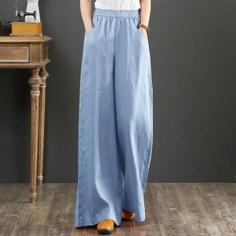 Cotton Linen Pants for Women Loose Basic High Waist Wide Leg Trousers Pant
