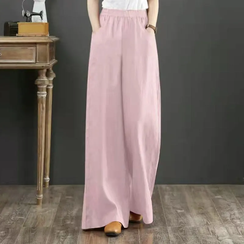 Cotton Linen Pants for Women Loose Basic High Waist Wide Leg Trousers Pant