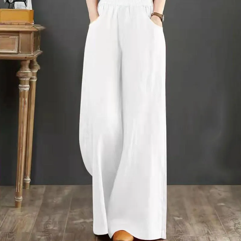 Cotton Linen Pants for Women Loose Basic High Waist Wide Leg Trousers Pant