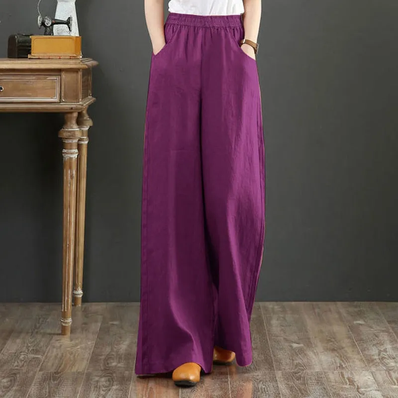 Cotton Linen Pants for Women Loose Basic High Waist Wide Leg Trousers Pant