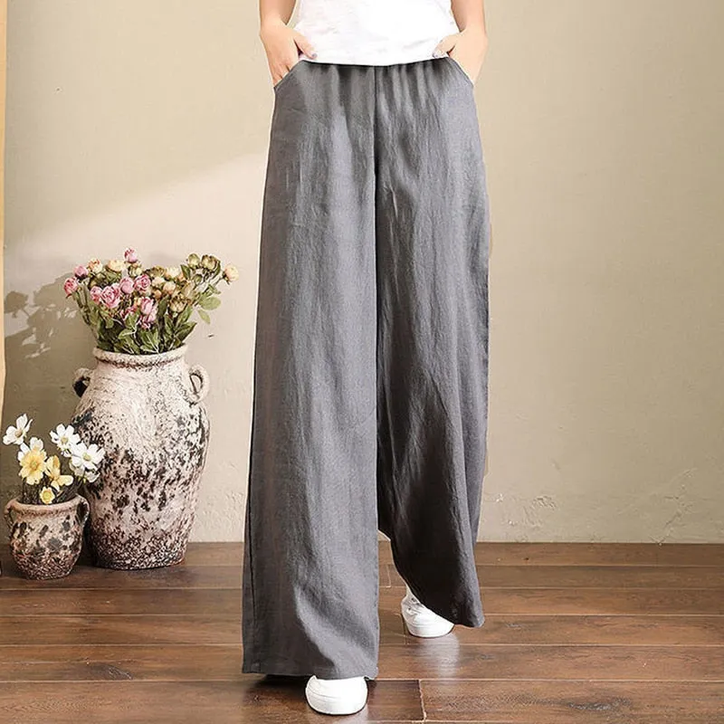 Cotton Linen Pants for Women Loose Basic High Waist Wide Leg Trousers Pant
