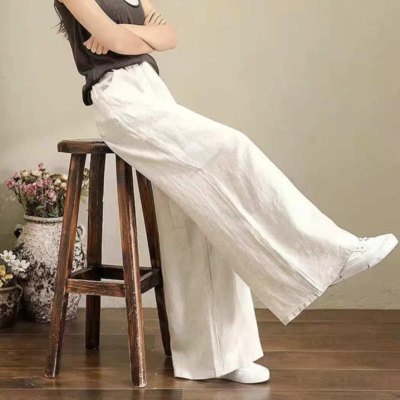 Cotton Linen Pants for Women Loose Basic High Waist Wide Leg Trousers Pant