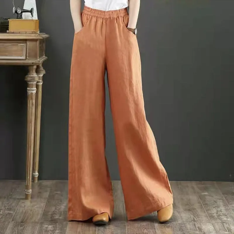 Cotton Linen Pants for Women Loose Basic High Waist Wide Leg Trousers Pant