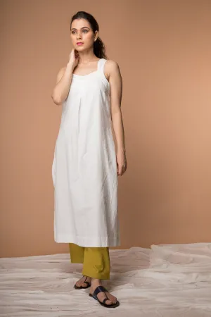 Cotton Razer back Kurta with Kantha embroidery and Pant in White & Ochre Yellow (Set of 2)