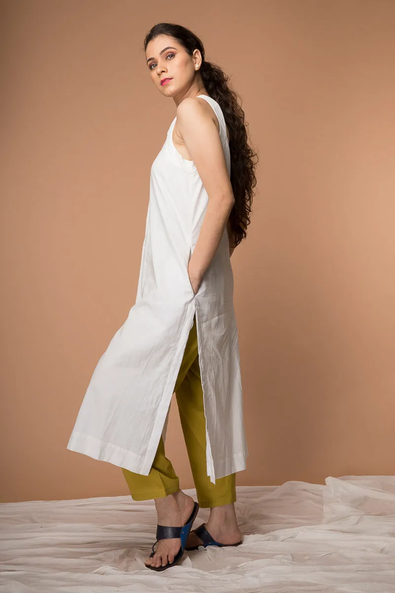 Cotton Razer back Kurta with Kantha embroidery and Pant in White & Ochre Yellow (Set of 2)