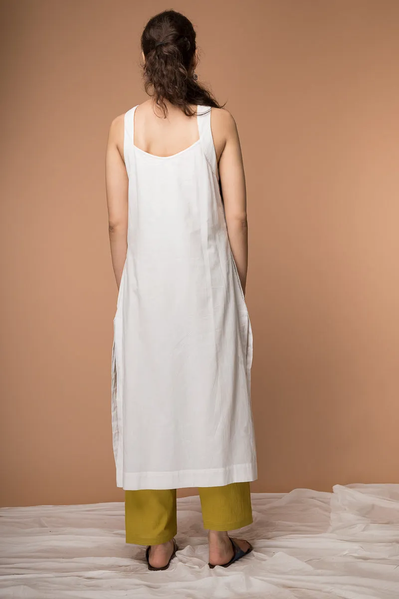 Cotton Razer back Kurta with Kantha embroidery and Pant in White & Ochre Yellow (Set of 2)