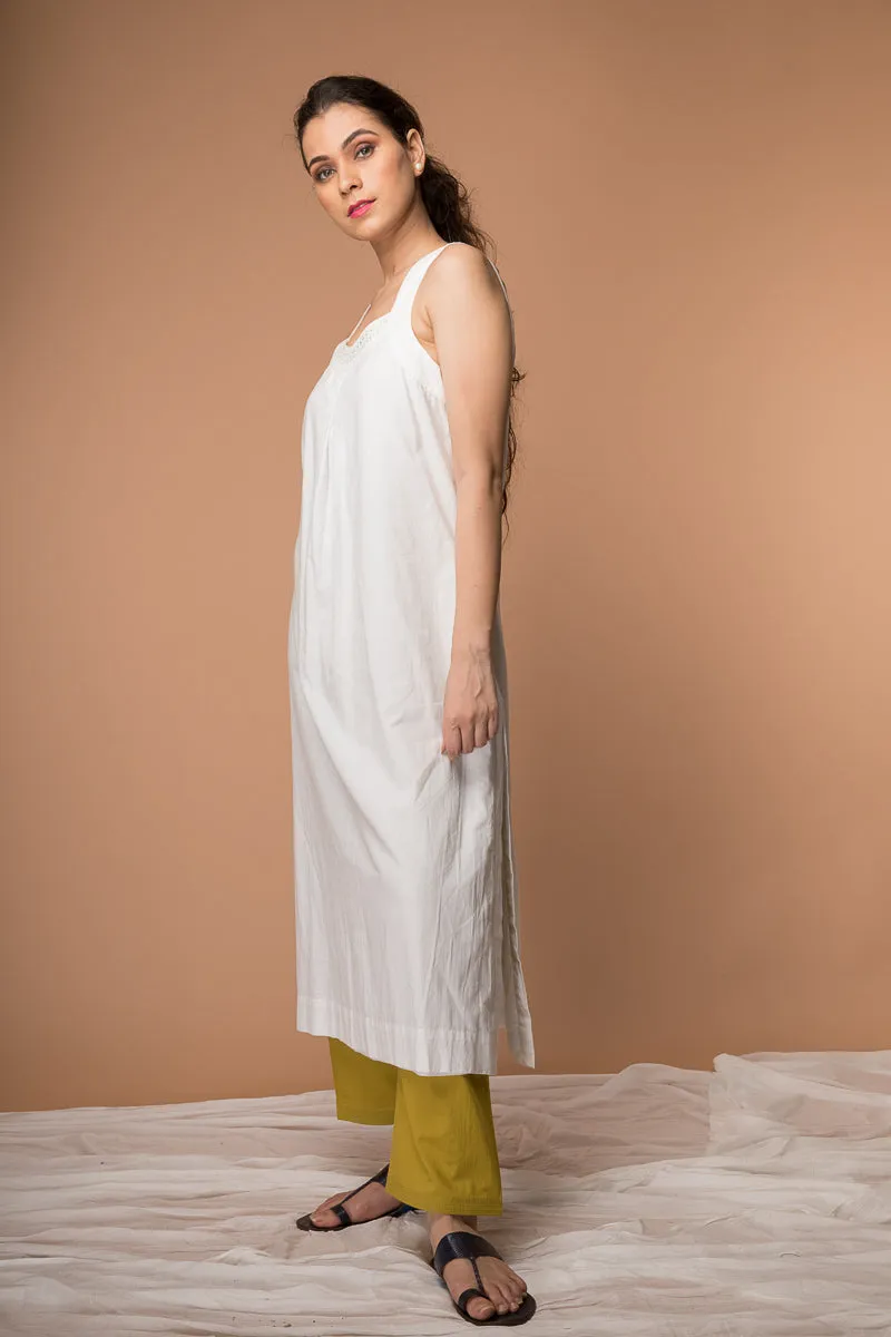 Cotton Razer back Kurta with Kantha embroidery and Pant in White & Ochre Yellow (Set of 2)