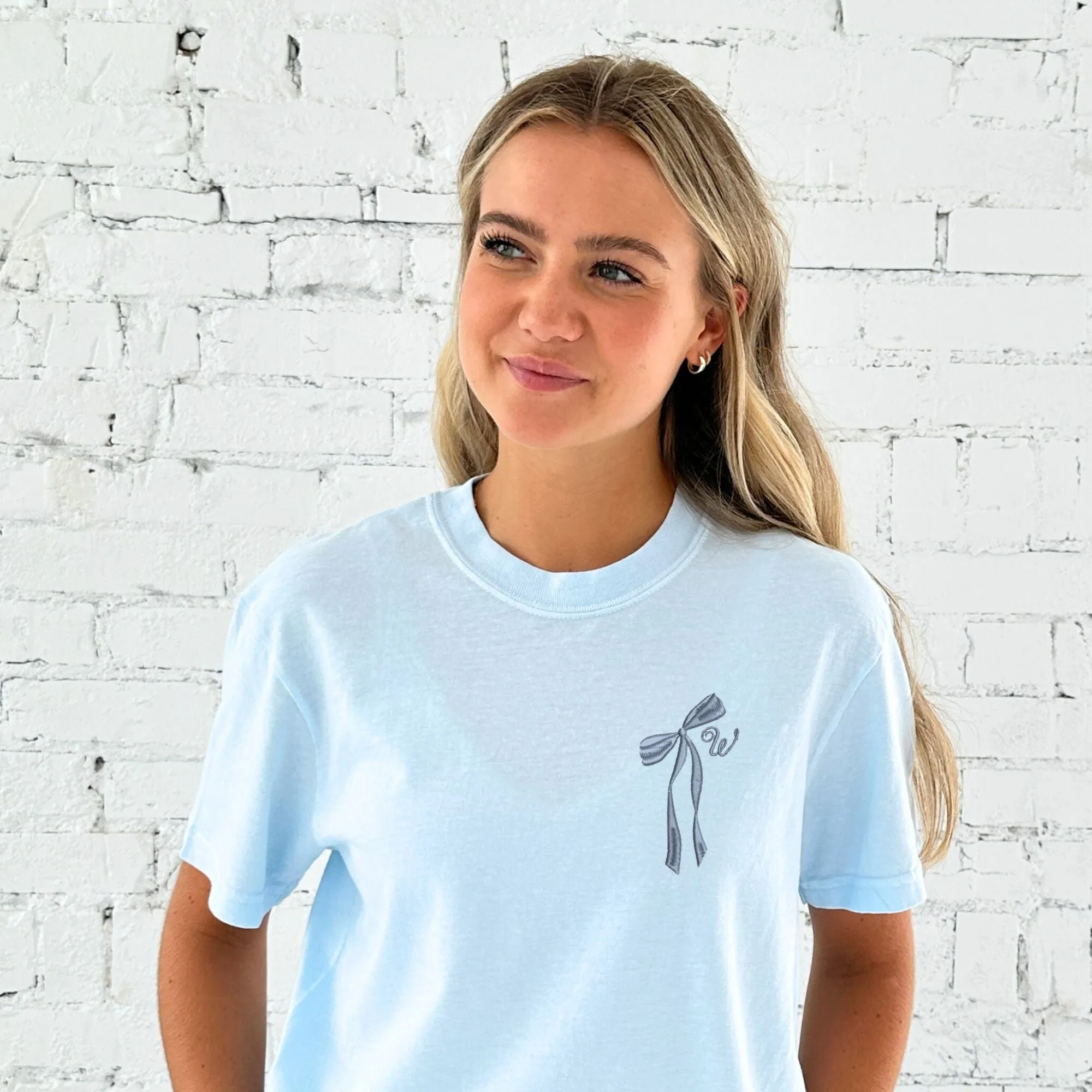 Custom Embroidered Dainty Initial Ribbon Comfort Colors T-Shirt