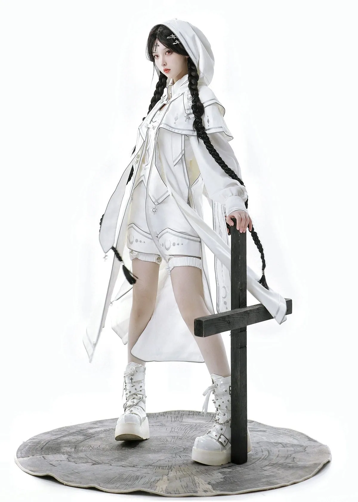 Cyberpunk Cloak Set White Hooded Cloak Top And Shorts