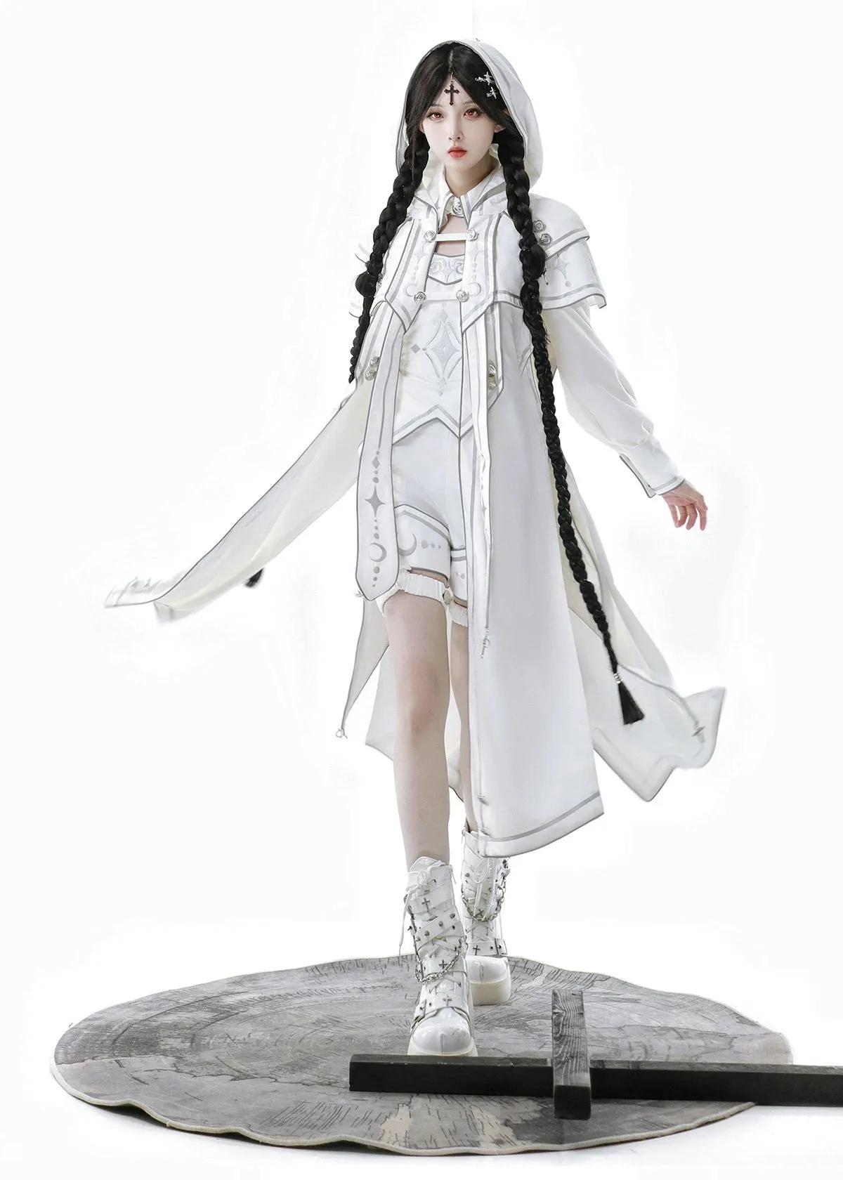 Cyberpunk Cloak Set White Hooded Cloak Top And Shorts