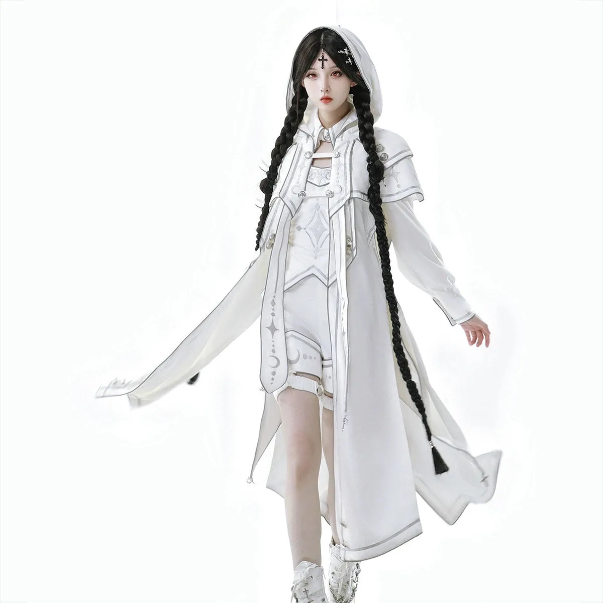 Cyberpunk Cloak Set White Hooded Cloak Top And Shorts