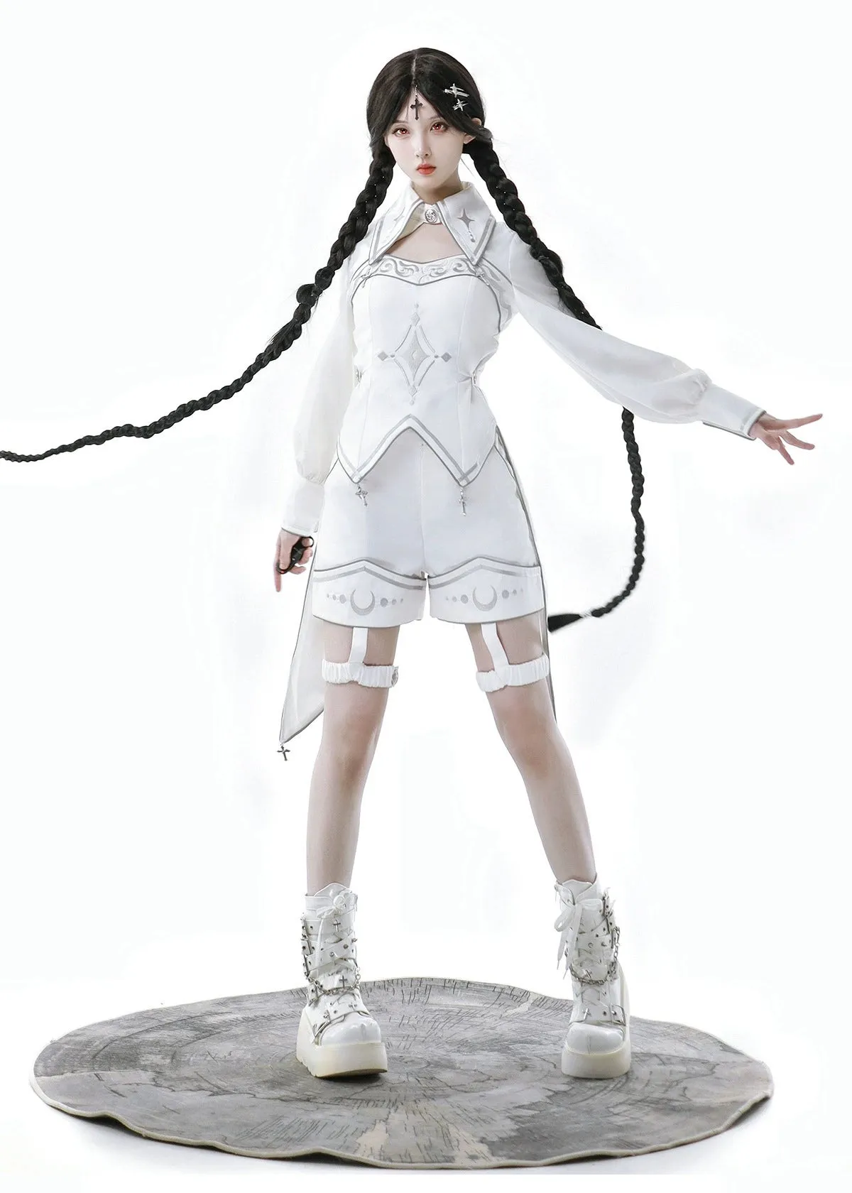 Cyberpunk Cloak Set White Hooded Cloak Top And Shorts