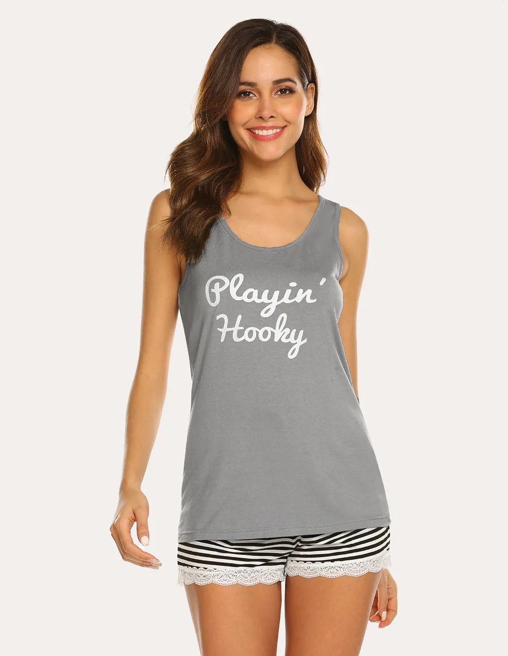 Ekouaer Letter Print Top Striped Shorts Pajama Set (US Only)